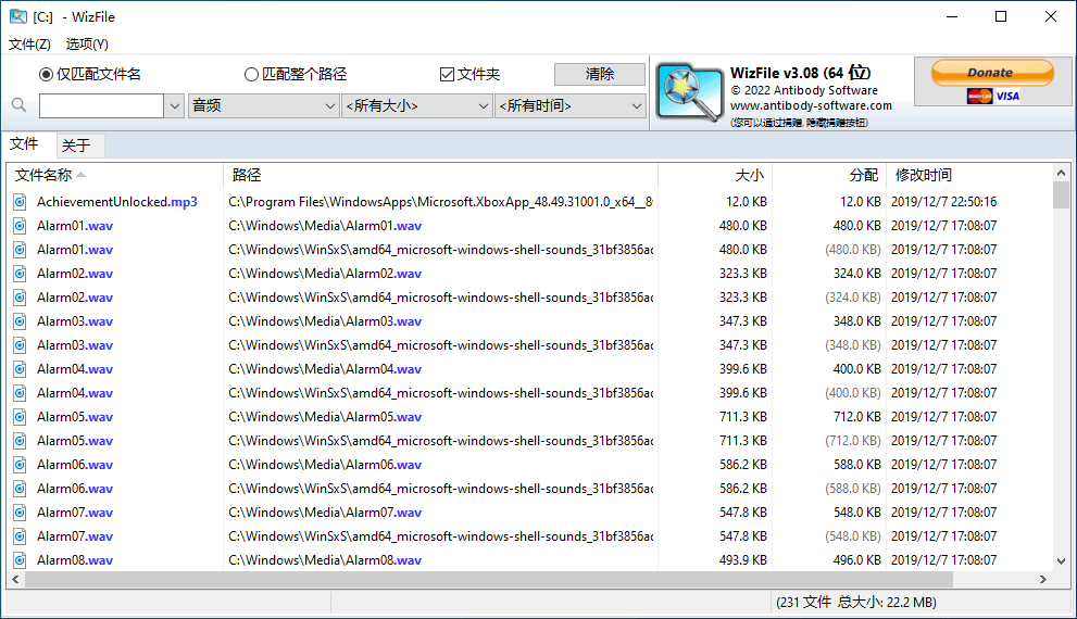 WizFile中文版汉化绿色版 Win电脑文件快速搜索工具 v3.10