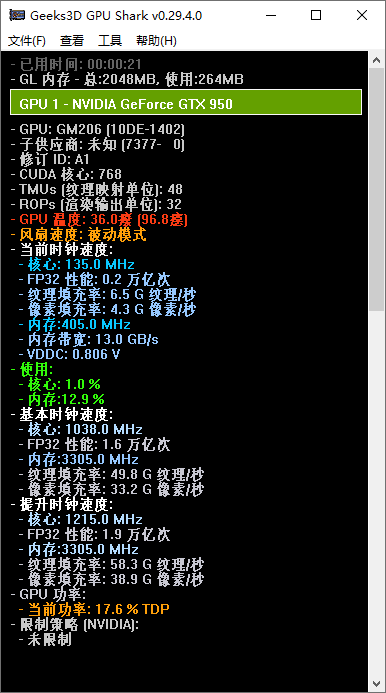 GPU Shark中文汉化绿色版 显卡GPU使用状态温度监视工具 v0.32.0